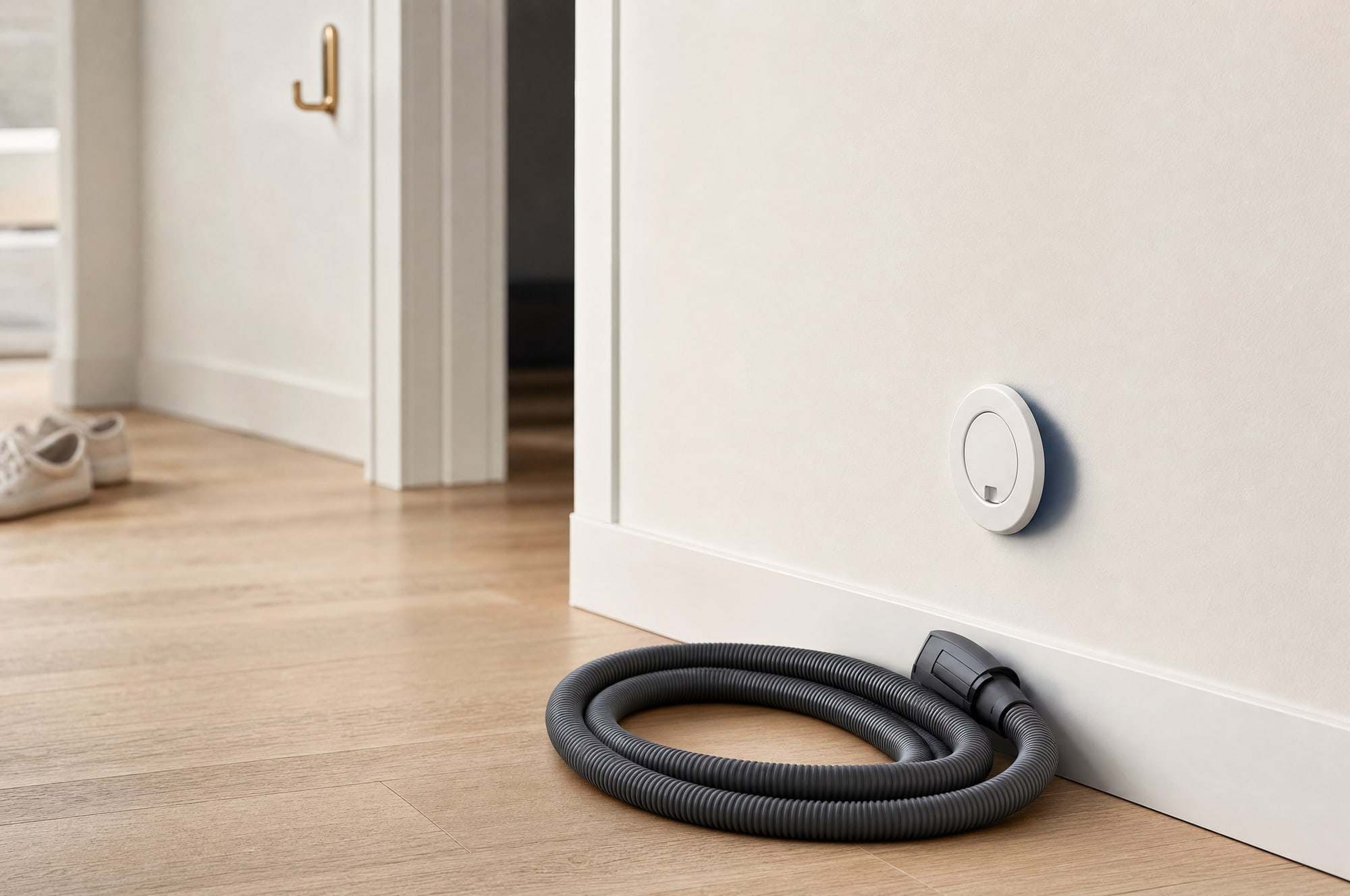 A central vacuum wall inlet in a hallway with a coiled hose.